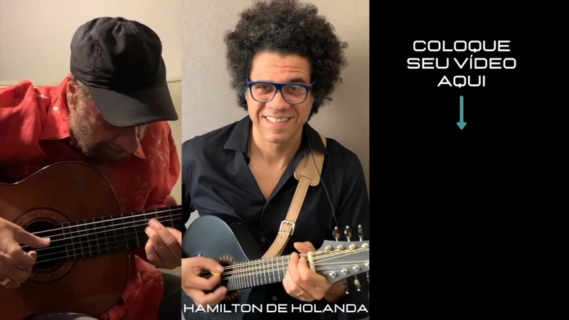 O vídeo-base do Desafio: João Bosco à esquerda, Hamilton no meio e, à direita, o espaço marcado para o vídeo de quem entra na roda