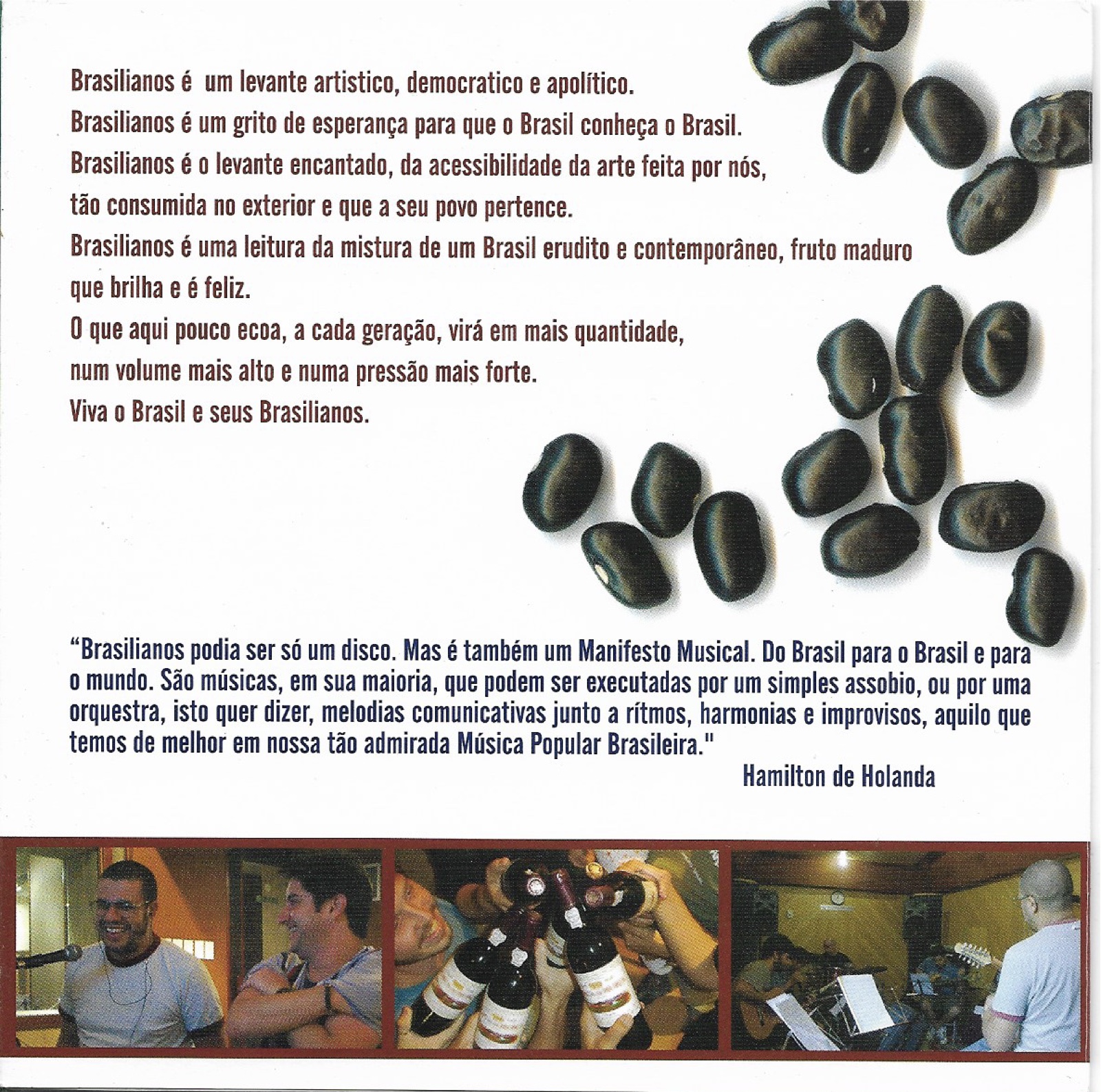 Um impresso de Brasilianos: um texto sobre o Brasilianos e uma fala de Hamilton em letra escura sobre fundo branco, com feijões pretos e fotos do quinteto