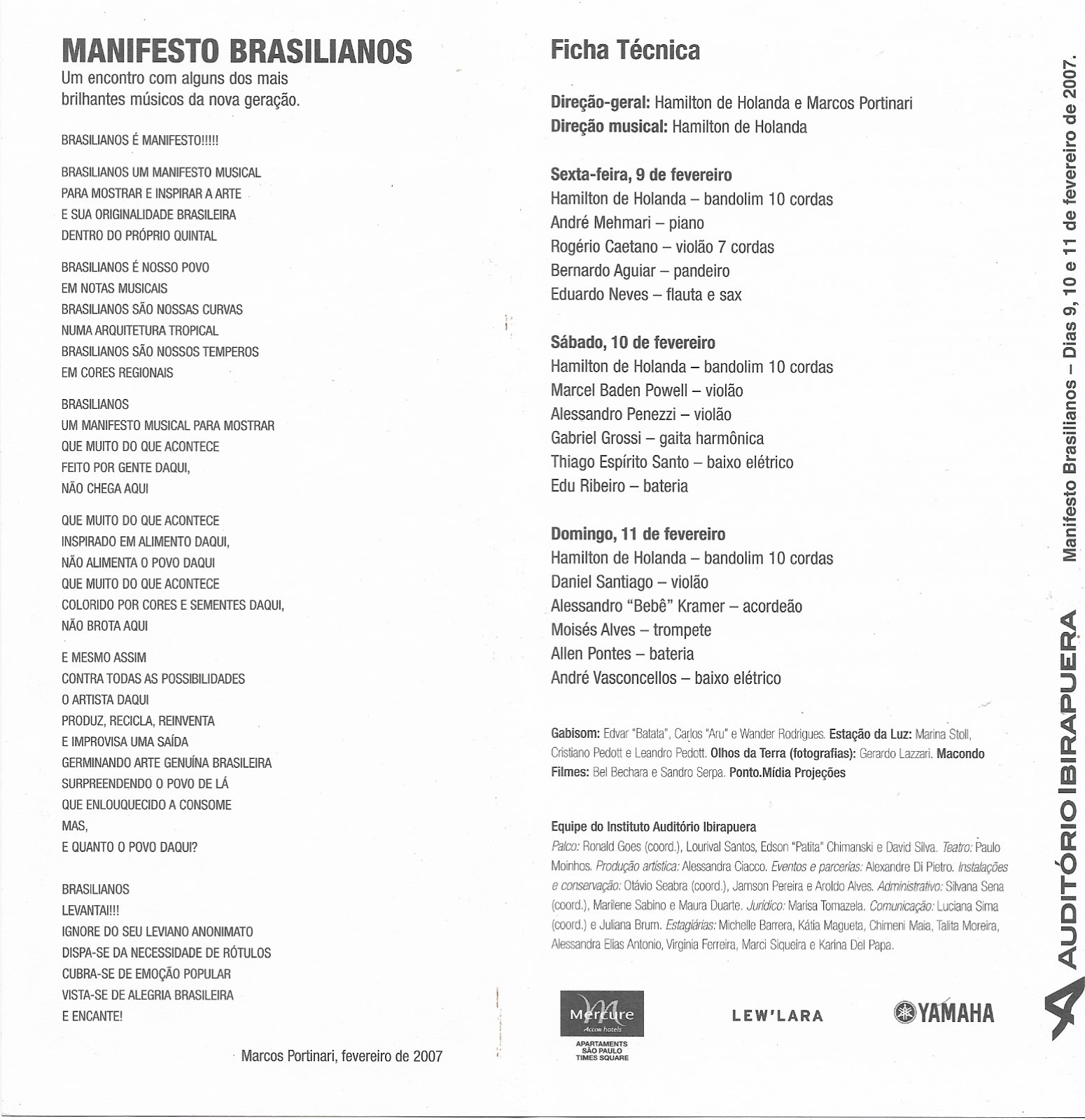 Verso do folder, com o texto do Manifesto Brasilianos à esquerda e a ficha técnica das três noites à direita