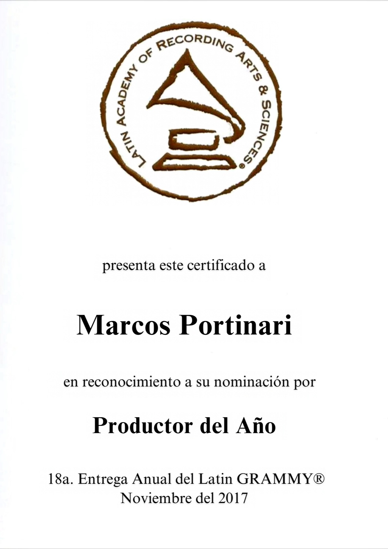 Certificado da Latin Academy of Recording Arts & Sciences em nome de Marcos Portinari, pela indicação a Produtor do Ano na 18ª entrega do Latin Grammy, em novembro de 2017